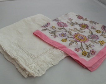 Vintage Handkerchiefs from 1950s – Two Spring Themed Cotton Hankies  - One Pink Floral and One White Embroidered