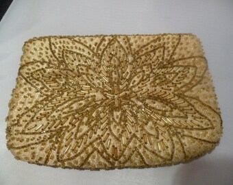 Gold Beaded Evening Clutch Bag, Vintage Purse From the 90’s, Elegant Evening Wear, Crystal Beads