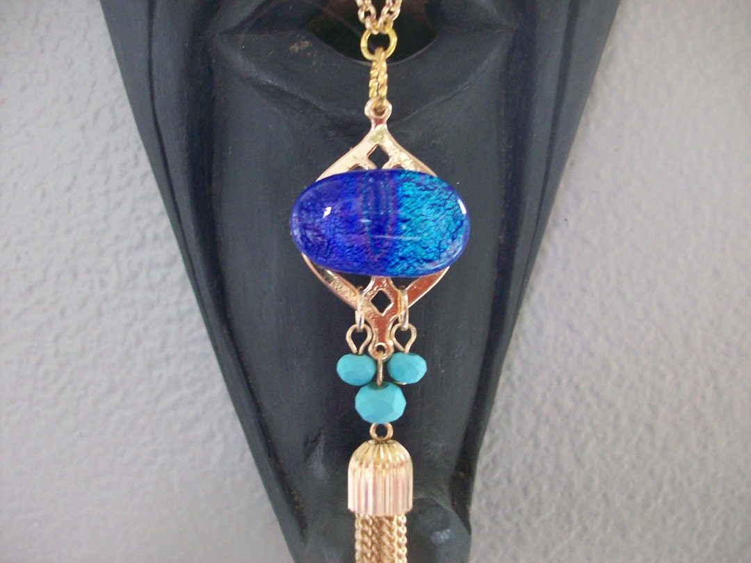 Shade of Blue Dichroic Glass and Tassel Necklace - Etsy