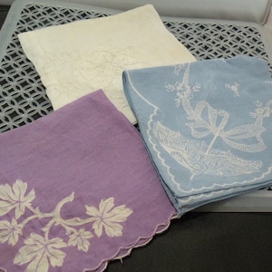 Vintage Handkerchiefs from 1950s – Three Spring Themed Cotton Hankies - Blue, White, Lavender Ladies Accessory or Craft Supply