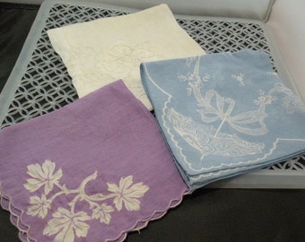 Vintage Handkerchiefs from 1950s – Three Spring Themed Cotton Hankies - Blue, White, Lavender