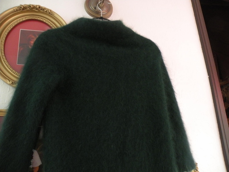 Op de afbeelding: Een donkergroene, donzige trui met een hoge kraag hangt aan een hanger. De textuur van de trui lijkt zacht en pluche. De achtergrond omvat een goudomrand schilderij en een witte muur.