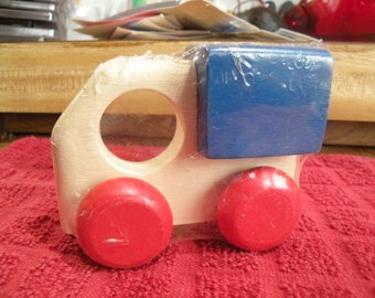 Vintage Collectible Wooden Toy Truck from the 1980's, Classic Boy's Push Toy for Toddler, Still in Original Package, Wood Truck Collectible