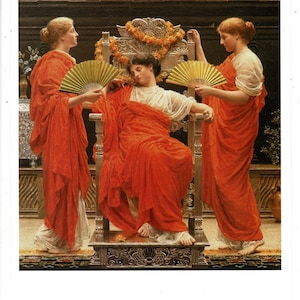 May include: A painting of three women in red robes. The woman in the middle is reclining on a throne with a green fan in her hand. The women on either side are standing and holding green fans.