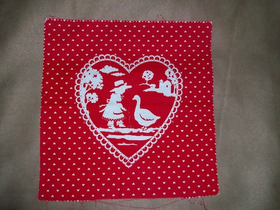 5 Vintage Victorian Quilt Squares of Cotton Fabric, Valentine Red Fabric Picture Panels, Sewing Supplies, Cotton Quilting with Children