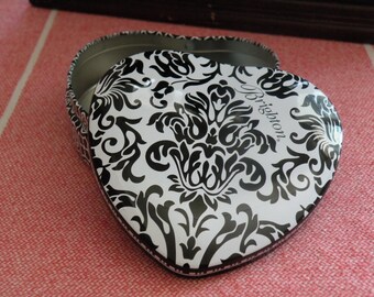 Brighton Jewelry Tin Heart-Shaped Black and White Designer Box, Floral Metal Storage Case, Costume Jewelry Box for Brighton Collectors