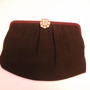 Ande Black Crepe Evening Clutch Purse with Large Rhinestone Floral Clasp, Holiday Evening Bag, Handbag with Rhinestones for Dressy Occasions