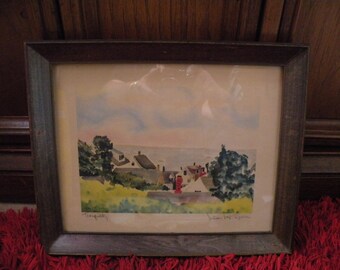 William McK Spierer Watercolor Lithograph Tranquility, Vintage Art Print of Seaside Village with Wood Frame