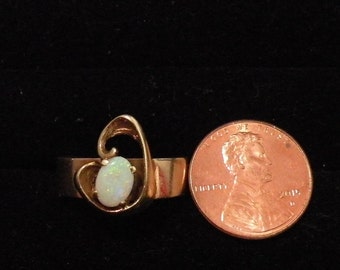 Opal Ring with Wide Solid Yellow Gold Band 14 K Statement Ring, October Birthstone, This Vintage Gift is Ladies Size 8 1/2