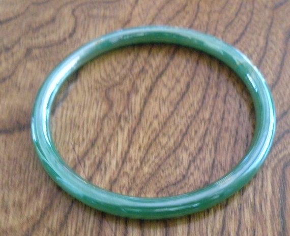 Green Glass Iridescent Bangle Bracelet, Jade Colo… - image 1