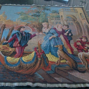 VTG Gobelin Belgium Wall Tapestry ERROR BLUE FACES Music Dancing Rococo  35x27