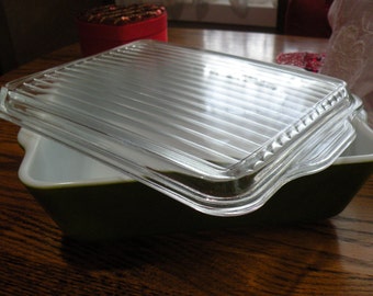 Vintage Avocado Green Pyrex Rectangle Casserole, Milk Glass Baking Dish with Lid, 8 1/2"x 6 1/2" Covered Ovenware #503