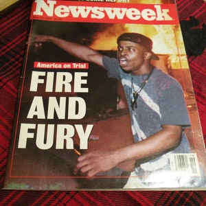 Vintage Newsweek 1992 Los Angeles Riots &quot;America on Trial&quot; Retro Rodney King Beating Trial, Vintage Zine with Fire and Fury Riot Story