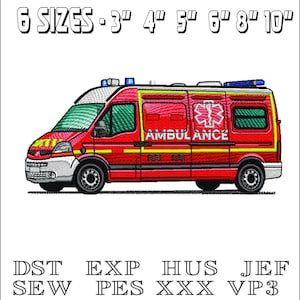 May include: Red ambulance embroidery design with the word "AMBULANCE" and a white medical symbol. The design is available in 6 sizes: 3", 4", 5", 6", 8", and 10". Includes embroidery file formats DST, EXP, HUS, JEF, SEW, PES, XXX, and VP3.