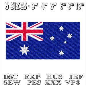 May include: An embroidered patch of the Australian flag in blue, red, and white. The patch is available in six sizes: 3 inches, 4 inches, 5 inches, 6 inches, 8 inches, and 10 inches. The file formats available are DST, EXP, HUS, JEF, SEW, PES, XXX, and VP3.