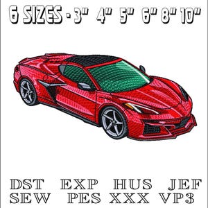 May include: Red sports car embroidery design in six sizes: 3 inches, 4 inches, 5 inches, 6 inches, 8 inches, and 10 inches.  The design is available in DST, EXP, HUS, JEF, SEW, PES, XXX, and VP3 formats.
