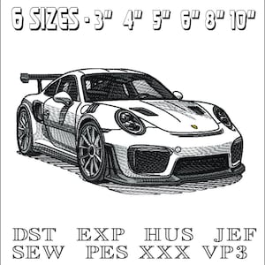 Puede incluir: Un dibujo en blanco y negro de un coche deportivo Porsche 911 GT2 RS. El coche está de frente al espectador y se muestra de perfil. La imagen incluye el texto "6 SIZES - 3" 4" 5" 6" 8" 10"".