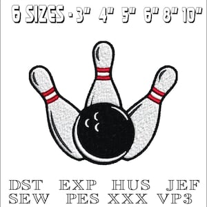 May include: An embroidery design of three white bowling pins with red stripes and a black bowling ball. The design is available in six sizes: 3 inches, 4 inches, 5 inches, 6 inches, 8 inches, and 10 inches. The design is available in the following formats: DST, EXP, HUS, JEF, SEW, PES, XXX, and VP3.