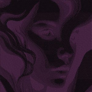May include: A digital art portrait of a person's face, rendered in a halftone style. The image features a colour palette of deep purple and black, with diagonal lines creating the texture and form of the face.