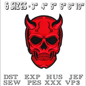May include: Red devil skull embroidery design available in six sizes: 3 inches, 4 inches, 5 inches, 6 inches, 8 inches, and 10 inches.  The design is available in DST, EXP, HUS, JEF, SEW, PES, XXX, and VP3 formats.