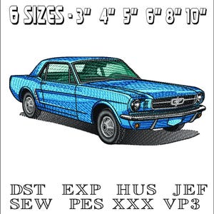 May include: Blue embroidery design of a classic car, available in six sizes: 3 inches, 4 inches, 5 inches, 6 inches, 8 inches, and 10 inches.  The design is available in DST, EXP, HUS, JEF, SEW, PES, XXX, and VP3 formats.