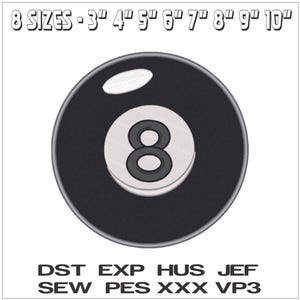 Op de afbeelding: Een geborduurd ontwerp van de nummer 8 bal in zwart en wit. De afbeelding bevat de tekst "8 SIZES - 3" 4" 5" 6" 7" 8" 9" 10"" en "DST EXP HUS JEF SEW PES XXX VP3".