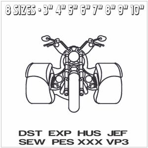 May include: Black and white line drawing of a motorcycle with saddlebags. The image includes the text "8 SIZES - 3" 4" 5" 6" 7" 8" 9" 10"" and "DST EXP HUS JEF SEW PES XXX VP3".