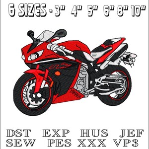 May include: Red and black Yamaha motorcycle embroidery design available in six sizes: 3 inches, 4 inches, 5 inches, 6 inches, 8 inches, and 10 inches.  The design includes the Yamaha logo and the text "6 SIZES - 3" 4" 5" 6" 8" 10"".