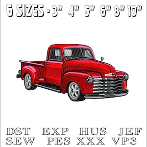 以下が含まれることがあります： 赤いビンテージピックアップトラックの刺繍デザインは、6つのサイズ（3インチ、4インチ、5インチ、6インチ、8インチ、10インチ）でご利用いただけます。デザインは、DST、EXP、HUS、JEF、SEW、PES、XXX、VP3のフォーマットでご利用いただけます。