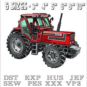 May include: Red tractor with a black and gray tire, the tractor has a black and yellow stripe on the side and the text "115-90" on the side. The tractor is available in 6 sizes: 3", 4", 5", 6", 8", and 10".