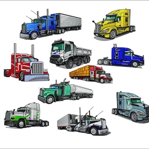 May include: A collection of nine toy semi-trucks in various colors, including red, blue, green, yellow, and white. The trucks are all different sizes and have different trailers. Some of the trailers are flatbeds, while others are tankers or box trailers.