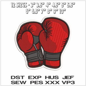 Puede incluir: Un par de guantes de boxeo rojos con detalles negros y contornos blancos. La imagen incluye texto que indica 12 tamaños, que van desde 7,6 cm hasta 25,4 cm, y varios formatos de archivo: DST, EXP, HUS, JEF, SEW, PES, XXX y VP3.