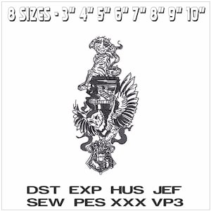 May include: Black and white embroidery design featuring a creature, an owl, and a crest. The text at the top reads "8 SIZES - 3" 4" 5" 6" 7" 8" 9" 10"" and the text at the bottom reads "DST EXP HUS JEF SEW PES XXX VP3".