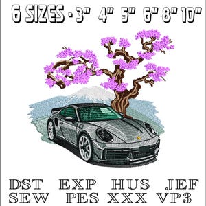 May include: An embroidered design featuring a silver sports car, a flowering tree, and a mountain. The design includes the text "6 SIZES - 3" 4" 5" 6" 8" 10"" and file type abbreviations. The design is available in multiple sizes.