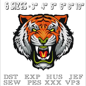 May include: Embroidered tiger head design in orange, black, white, and green. The image includes text indicating six size options: 3", 4", 5", 6", 8", and 10". Also includes file format options: DST, EXP, HUS, JEF, SEW, PES, XXX, and VP3.
