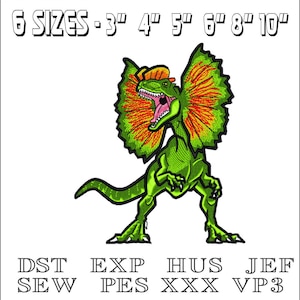 Peut inclure: Dinosaure brodé vert et orange avec une collerette sur la tête. Le dinosaure est debout sur ses pattes arrière, la gueule ouverte. L'image comprend le texte "6 SIZES - 3" 4" 5" 6" 8" 10" DST EXP HUS JEF SEW PES XXX VP3".