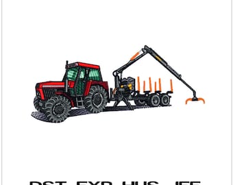 Forsttraktor mit Holzgreifer und Schlepper - Maschinenstickerei - DST, PES, VP3 und mehr - Instant Download