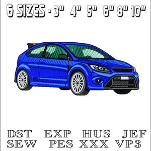 Puede incluir: Un diseño de bordado azul Ford Focus RS disponible en seis tamaños: 3 pulgadas, 4 pulgadas, 5 pulgadas, 6 pulgadas, 8 pulgadas y 10 pulgadas. El diseño está disponible en los formatos DST, EXP, HUS, JEF, SEW, PES, XXX y VP3.