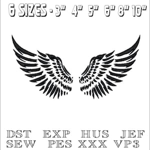 May include: Black stylized angel wings design. The image includes the text "6 SIZES - 3" 4" 5" 6" 8" 10"" and file type abbreviations: DST, EXP, HUS, JEF, SEW, PES, XXX, VP3. The wings are symmetrical and detailed.