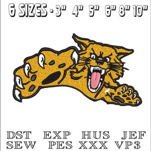 May include: Embroidered design of a snarling yellow wildcat with black outlines, claws extended, and mouth open. The design is available in six sizes, ranging from 7.6 to 25.4 cm. The image also lists various file formats: DST, EXP, HUS, JEF, SEW, PES, XXX, and VP3.