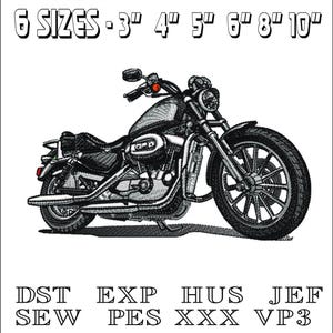 May include: Black and white embroidery design of a motorcycle. The design is available in six sizes: 3 inches, 4 inches, 5 inches, 6 inches, 8 inches, and 10 inches. The design is available in the following formats: DST, EXP, HUS, JEF, SEW, PES, XXX, and VP3.