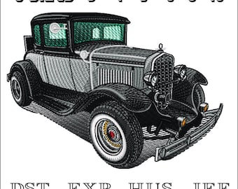 May include: Black and white embroidery design of a vintage car, available in six sizes: 3 inches, 4 inches, 5 inches, 6 inches, 8 inches, and 10 inches. The design is available in DST, EXP, HUS, JEF, SEW, PES, XXX, and VP3 formats.