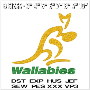 May include: Embroidered gold kangaroo logo with the word "Wallabies" in green. The image includes text indicating 8 sizes, ranging from 3" to 10", and various file formats: DST, EXP, HUS, JEF, SEW, PES, XXX, and VP3.