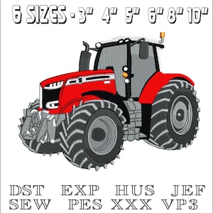 Könnte beinhalten: Illustration eines roten und grauen Traktors mit großen Reifen. Das Bild enthält den Text "6 SIZES - 3" 4" 5" 6" 8" 10"" und Dateityp-Abkürzungen: DST, EXP, HUS, JEF, SEW, PES, XXX und VP3.