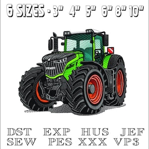 Peut inclure: Broderie de tracteur vert et noir disponible en six tailles : 3 pouces, 4 pouces, 5 pouces, 6 pouces, 8 pouces et 10 pouces. Le motif comprend le texte « FENDT ». Les formats de fichiers incluent DST, SEW, EXP, PES, HUS, XXX et JEF.