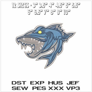 May include: Embroidered design of a stylized blue barracuda with sharp teeth and a yellow eye. The image includes text indicating 12 size options, ranging from 3" to 10", and file formats: DST, EXP, HUS, JEF, SEW, PES, XXX, and VP3.