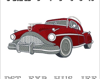 May include: An embroidered design of a classic red car with grey accents. The image includes the text "6 SIZES - 3" 4" 5" 6" 8" 10"" and file type abbreviations: DST, EXP, HUS, JEF, SEW, PES, XXX, VP3.