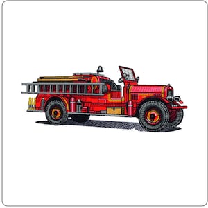 May include: Embroidered image of a vintage red fire truck with a ladder, bell, and open cab. The truck has black tires and yellow accents. The design is detailed, with shading and texture to give a realistic appearance.