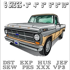 May include: Embroidered design of a vintage pickup truck in gray and brown with a tan interior. The design is available in six sizes: 3 inches, 4 inches, 5 inches, 6 inches, 8 inches, and 10 inches. The design is available in the following formats: DST, EXP, HUS, JEF, SEW, PES, XXX, and VP3.