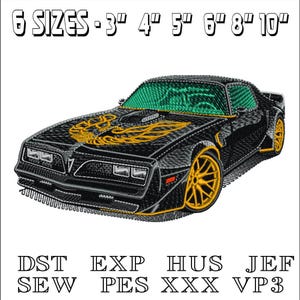 May include: Black and gold embroidery design of a classic car with a bird on the hood. The design is available in six sizes: 3 inches, 4 inches, 5 inches, 6 inches, 8 inches, and 10 inches. The design is available in the following formats: DST, EXP, HUS, JEF, SEW, PES, XXX, and VP3.